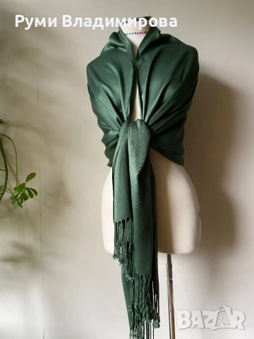 Маслиново зелен шал от кашмир