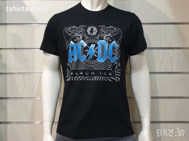 Нова мъжка тениска с дигитален печат на музикалната група AC/DC - Black Ice със син надпис , снимка 6 - Тениски - 34833977