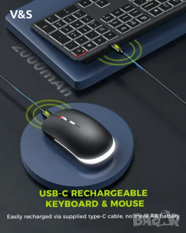 безжична комбинация от клавиатура и мишка с подсветка, 2.4G USB безшумна клавиатура и мишка, акумула, снимка 6 - Клавиатури и мишки - 47955697