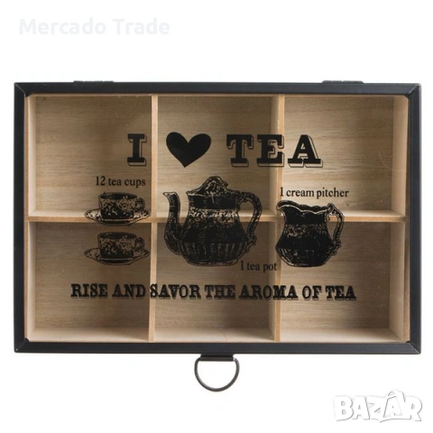Дървена кутия Mercado Trade, 6 отделения и стъклен капак за чай, снимка 3 - Кутии за съхранение - 53417813