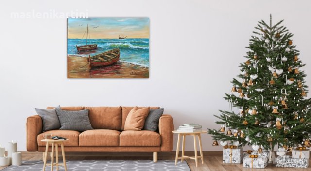 Море и лодки маслена картина , снимка 6 - Картини - 42821202