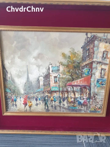 75х65см/стара картина масло върху платно/градски пейзаж/Париж-кафенета/дървена рамка, снимка 2 - Картини - 51177082