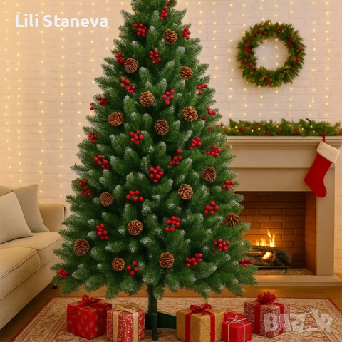 Изкуствена елха Luxury Diamond с червен глог и шишарки. , снимка 4 - Декорация за дома - 52514445