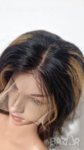 Естествена черна чуплива перука от бразилска човешка коса с руси кичури 75 см - Lace Front 13x6, снимка 6 - Аксесоари за коса - 53294971