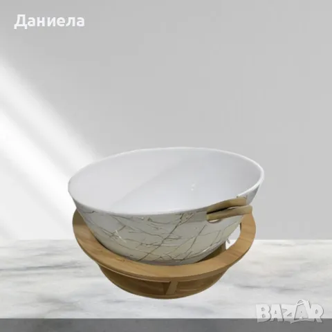 Керамична купа с дървена стойка и мраморен ефект, снимка 4 - Други стоки за дома - 49850953