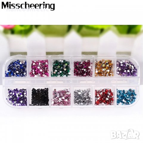 12 ЦВЯТА МАЛКИ КРЪГЛИ КАМЪЧЕТА ЗА МАНИКЮР - ГОЛЯМА КУТИЯ, снимка 2 - Продукти за маникюр - 37345183