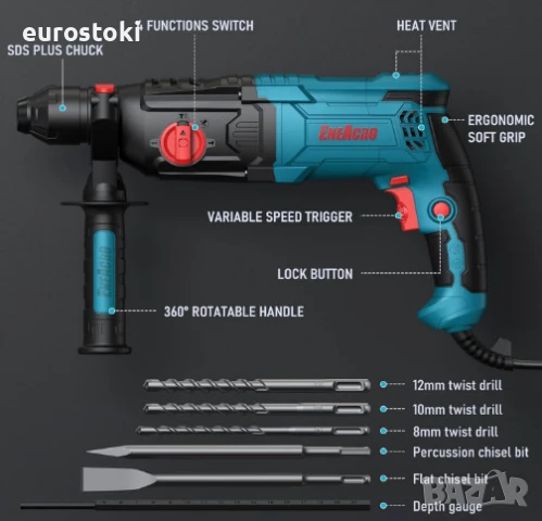 Ударна бормашина ENEACRO 26 HQ SDS-Plus, 1050W, 6 променливи скорости с 4 функции, включени 3 свредл, снимка 6 - Бормашини - 51363608
