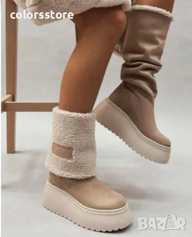 Боти на платформа - бежов велур - BPK1