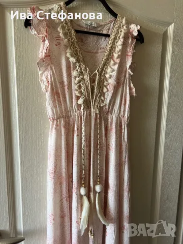 Разкошна дълга  ежедневна елегантна лятна плажна рокля бохо стил 100 % вискоза с акцент пера