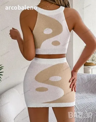 Дамски трикотажен комплект с оголен корем и пола в контрастен цвят, 3цвята , снимка 11 - Комплекти - 48445847