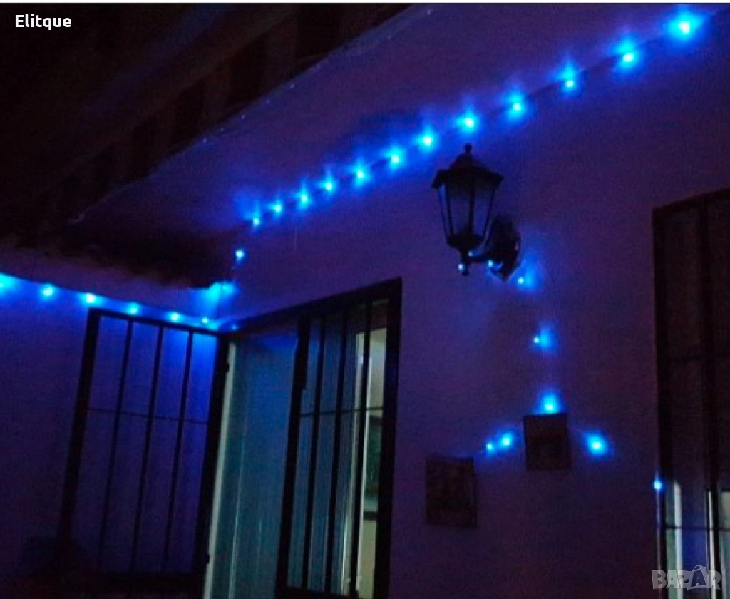 Верига от лампички за външен монтаж, 10м, черен кабел-синя светлина и бял-кабел студено бяла светлин, снимка 1
