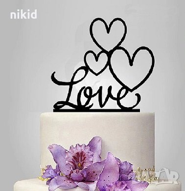 Love 3 сърца твърд акрил черен топер украса декор за торта, снимка 1