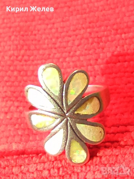 ПРЕКРАСЕН ФЛОРАЛЕН АРТ СРЕБЪРЕН ПРЪСТЕН ЦВЕТЕ СРЕБРО 925 АНГЛИЯ с ШЛИФОВАН КРАЛСКИ СЕДЕФ 39995, снимка 1