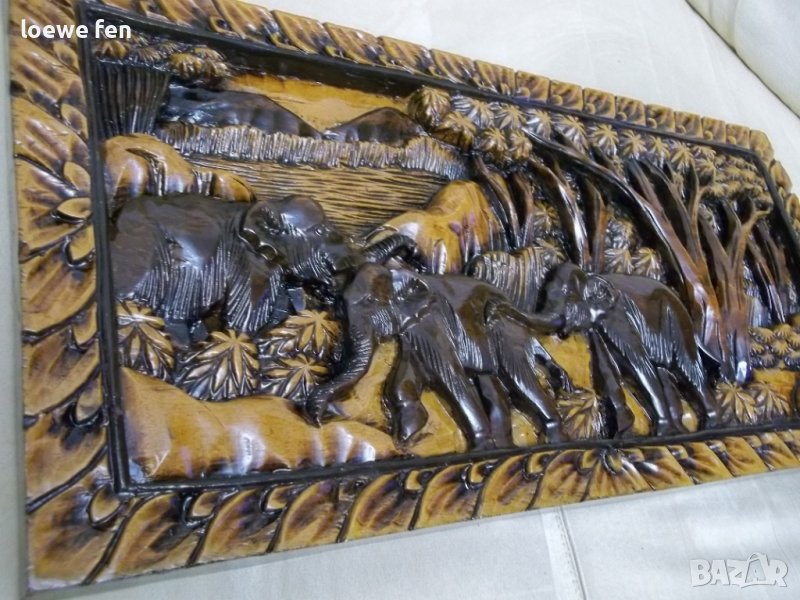 Ръчна Дърворезба Абаносово Дърво Слонове Слон - 61 см на 29,5 см ! Пано Картина !, снимка 1