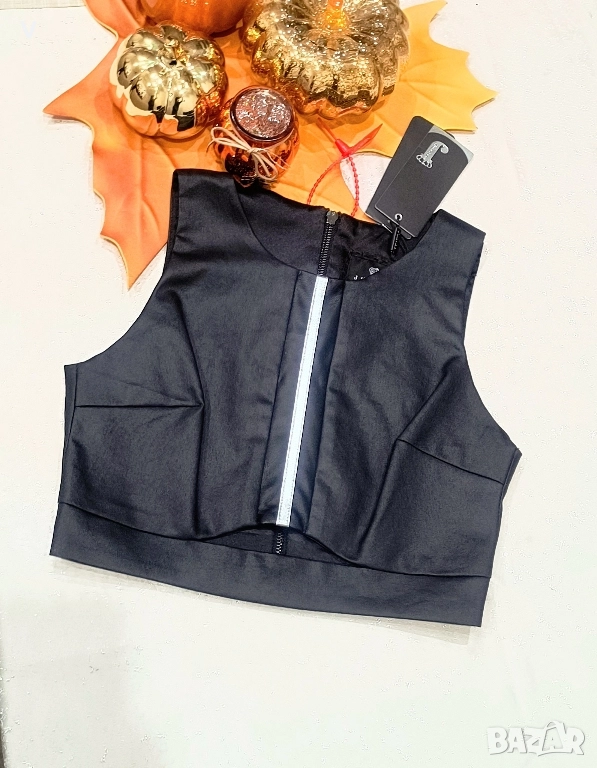 Дрехи Junona Юнона черен кроп топ бюстие с лента лачено яке кожен панталон палто, снимка 1