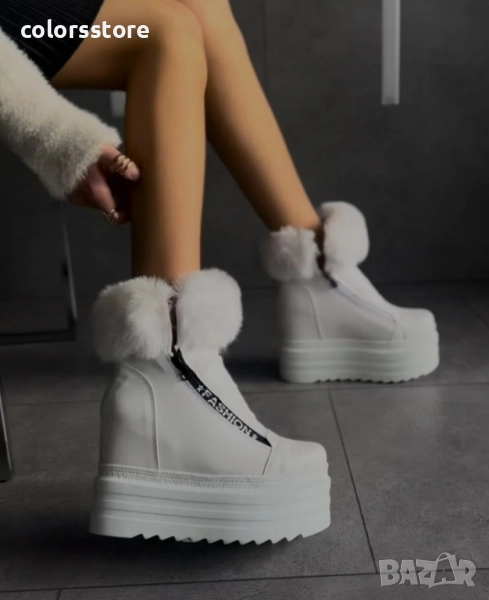 Боти на платформа - бяла кожа с пух - BH2055 , снимка 1