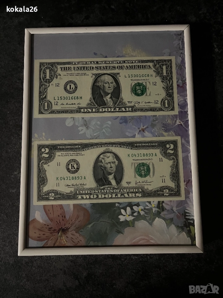 1 и 2 $ в масивна рамка със стъко, снимка 1