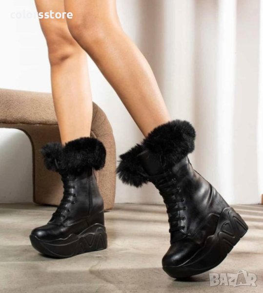  Боти на платформа - черна кожа - BPH1, снимка 1