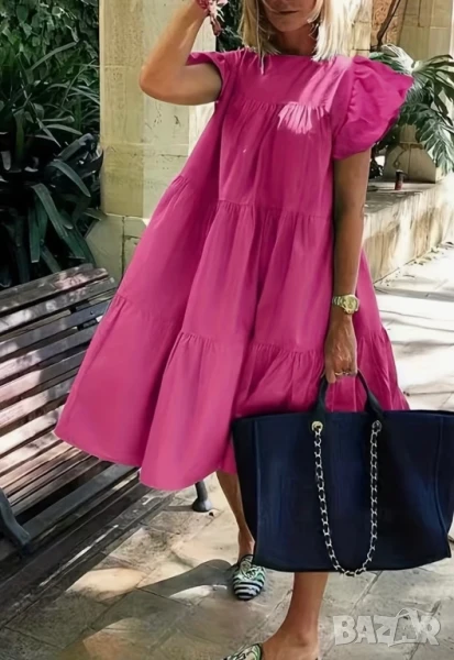 Розова/цикламена лятна широка рокля, снимка 1