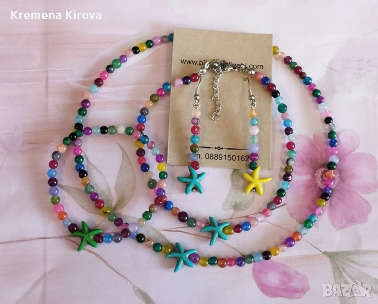 Чокър, обеци и гривна за ръка и крак. С естествени камъни, стомана и морски звезди.Бижута Луди гъби., снимка 1