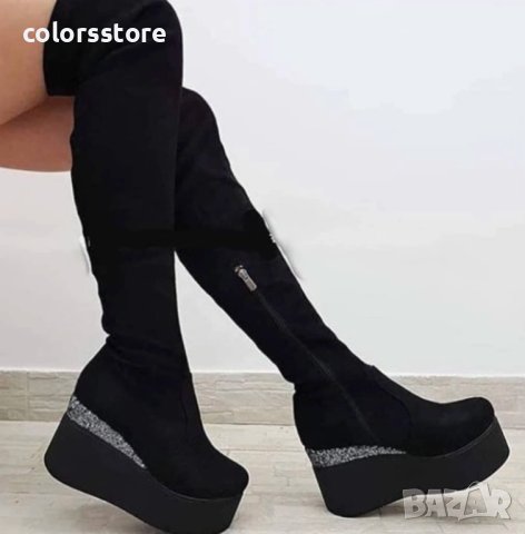 Ботуши на платформа - черен велур и брокат - 122K