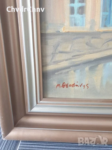 99х79см/голяма гръцка картина масло върху платно/градски пейзаж-трамвай-дъжд/дървена рамка, снимка 6 - Картини - 51177481