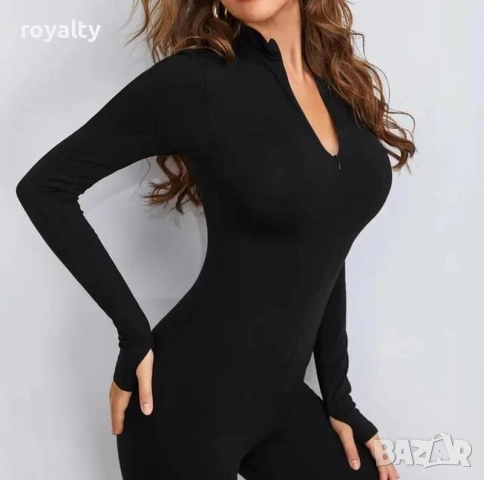 Дамски черен оформящ гащеризон с цип, снимка 2 - Гащеризони - 52185570