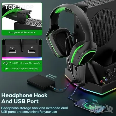 Нова Охлаждаща стойка за Xbox Series XBX със зарядна станция и RGB светлина, снимка 4 - Аксесоари - 49409681