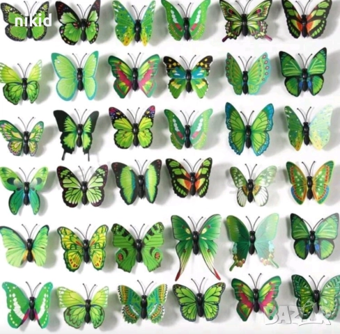 3D 12 бр pvc зелени магнитни и самозалепващи пеперуди декорация за стена и мебел, снимка 3 - Други - 26212084