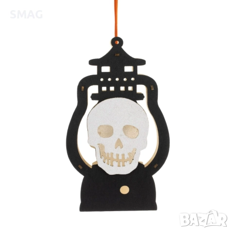 Halloween / Хелоуин дървена настолна декоративна светеща фенерка с череп, 10.5x18cm_1244370, снимка 3 - Декорация за дома - 52028435