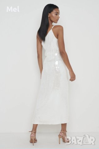 Pretty Lavish дълга рокля с пайети, сребрист/бяла, едно рамо, р-р S, снимка 4 - Рокли - 43857189