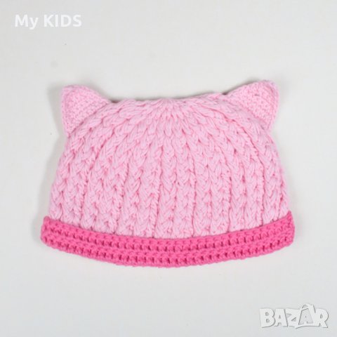 бебешка шапка с ушички плетка памук ръчна изработка, снимка 3 - Бебешки шапки - 28454737