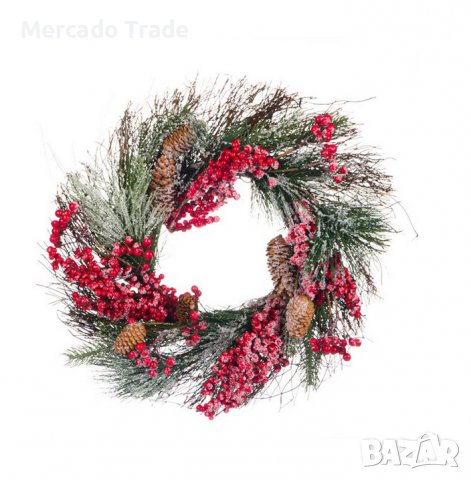 Коледен декоративен венец Mercado Trade, Борови шишарки, Горски плодове, 45 см, снимка 1 - Декорация за дома - 38795046