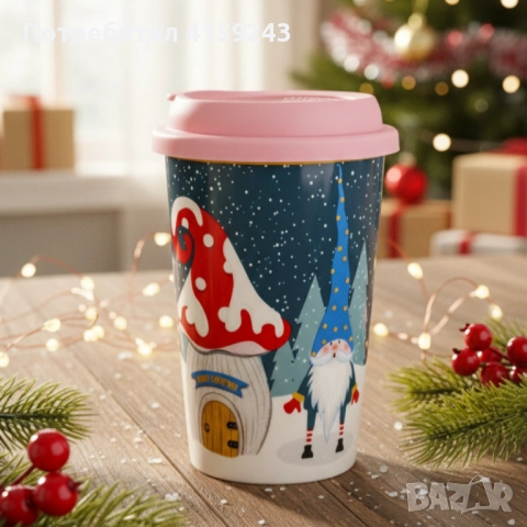 Порцеланова Коледна чаша със силиконов капак, снимка 4 - Чаши - 52482199