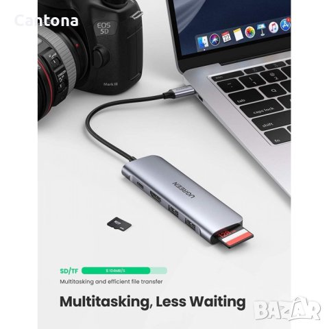 UGREEN USB C Hub 6 в 1 USB-C към 4K HDMI, 2xUSB 3.0, PD 100 W, SD/TF четец на карти, снимка 4 - Други - 40517213