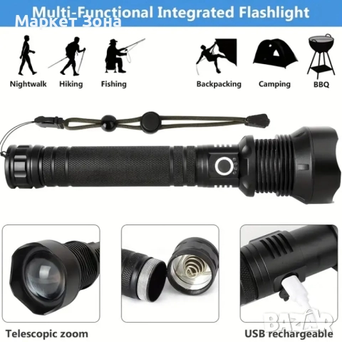 Мощно водоустойчиво зумиращо тактическо фенерче, снимка 2 - Къмпинг осветление - 51537673