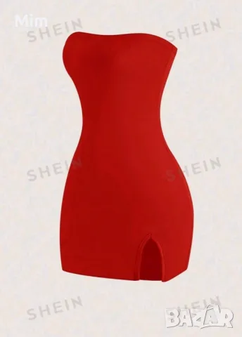 L Сатенена , ярко червена,къса рокля , снимка 2 - Рокли - 46572929