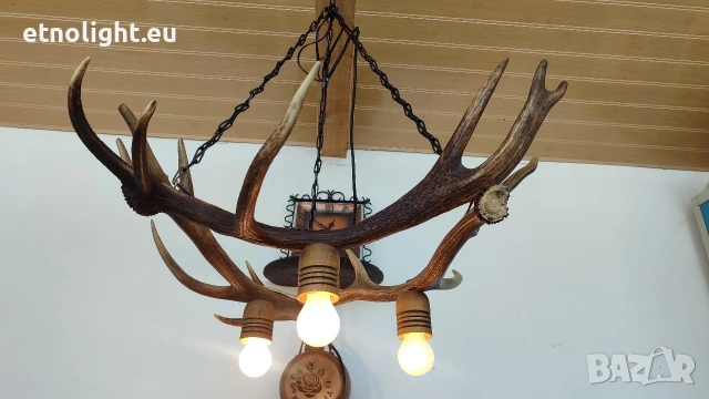 Ръчно изработен полилей от паднали еленови рога с ръчно изработени дървени чашки , снимка 7 - Полилеи - 53085872