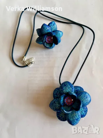 Син комплект колие с пръстен от естествена кожа модел 62