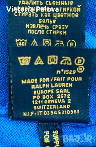 POLO RALPH LAUREN син памучен пуловер с V - образно деколте, снимка 12 - Блузи - 53541873