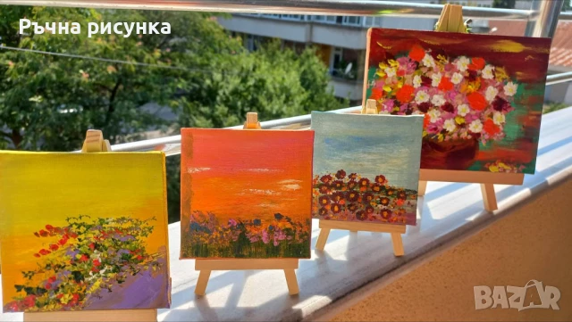 Малки рисувани картини с природа и море със статив , снимка 7 - Декорация за дома - 44423656