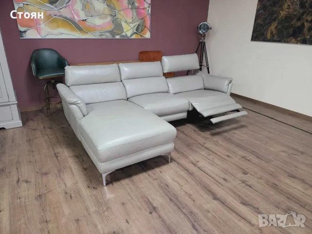 Сив кожен ъглов диван с електрически релаксиращ механизъм, снимка 2 - Дивани и мека мебел - 43429018