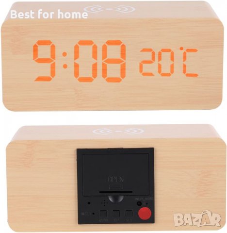Дървен LED дигитален настолен будилник,Температура Безжично зарядно устройство за телeфон, снимка 4 - Други стоки за дома - 40236274