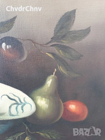 Rens 100х80см/стара голяма картина масло върху платно/натюрморт/маса-съдове-плодове/дървена рамка, снимка 8 - Картини - 51846103