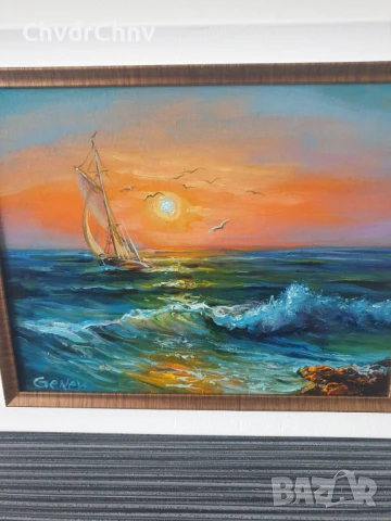 Димитър Генев 33x27см/малка българска картина масло върху платно/морски пейзаж/лодка-залез, снимка 2 - Картини - 51153029