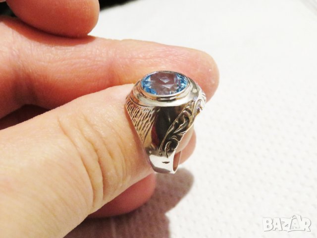Стар  мъжки сребърен пръстен с голям камък - аквамарин - стар внос от Щатите ., снимка 2 - Пръстени - 32351178