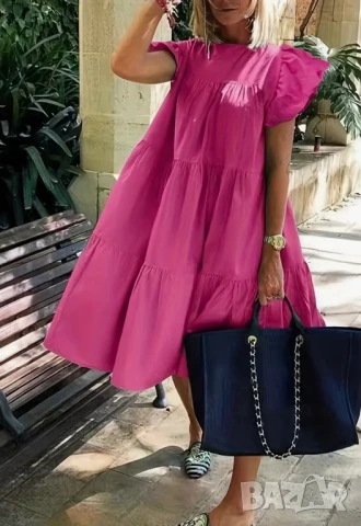 Розова/цикламена лятна широка рокля, снимка 1