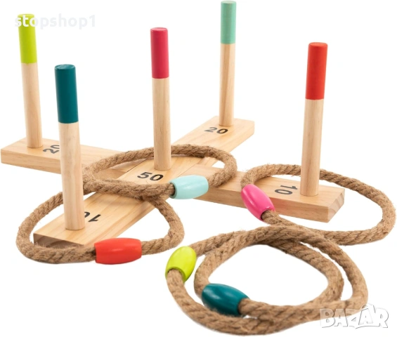 хвърляне на рингове TP Toys - Включва 5 цветни дървени колчета и перваз и 5 цветни въжени ринга. Изр, снимка 2 - Образователни игри - 53284801