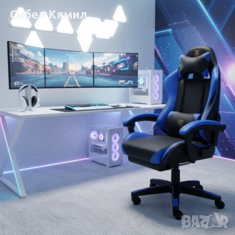 Ергономичен геймърски стол с масажна функция и поставка за крака – черно-син, снимка 4 - Столове - 53454899