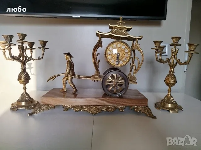 КАМИНЕН ЧАСОВНИК БРОНЗ И МРАМОР СЪС СВЕЩНИЦИ , снимка 4 - Стенни часовници - 49271670